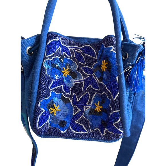 AMERICA & BEYOND Blue Beaded Floral Satchel Crossbody Bag - Picture 11 of 12